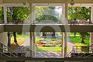 Open air terraces of Hotel Palace and park in Sliac spa resort