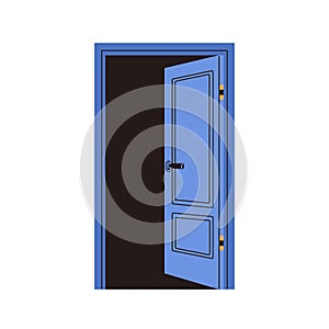 Open ajar door. Entrance and exit, doorway, frame. Doorframe for entering, accessing. Passage, portal, entry, way to