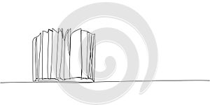 Open album on the table one line art. Continuous line drawing of book, library, education, school, study, literature