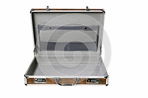 Open aluminum case for storing documents. Personal accessories for transporting office supplies