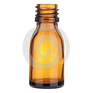 An open amber glass medicine bottle without a cap, showcasing the bottle\'s neck and opening, isolated on a white background