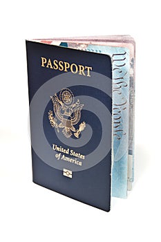 Open American Passport on White Background