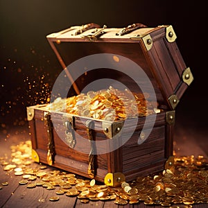 open ancient wooden chest full of gold coins pirate treasure 3d illustration