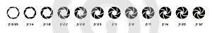 Open aperture. Diaphragm opening and lens speed infographic. F-stop and shutter logo. Sequence stages of closing optical