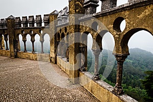 Open Arch Windows in Pena Palace with View on City of Sintra