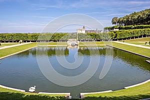 Open area with pond in the middle of famous renaissance park in chateau Villandry, Loire region, France.