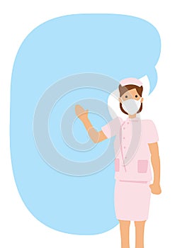 Open arm young nurse with giant speech bubble against white isolated background