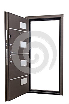 Open armored door isolated at white background. Image of a open door. Entrance to apartment. Brown wood veneer front door for offi