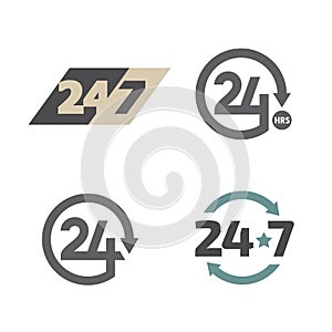 Open around the clock 24 hours 7 days a week icons set