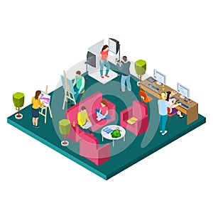 Open art space isometric vector concept. Illustration of artists, designers, photographers in co-working zone photo