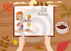 Open Autumn Daily Diary notepad, list schedule, goals, to do, acorn, autumn leaves, coffe cup. Personal planning and