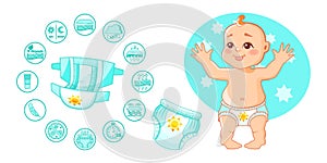 Open baby absorbent diapers, kids pants, with characteristic, on infographic.