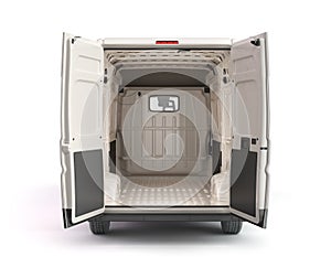 Open back of White Delivery Van Icon 3d render on white