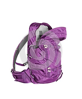Open backpack of purple color isolated on white background
