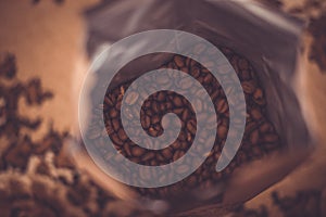 An open bag of coffee beans