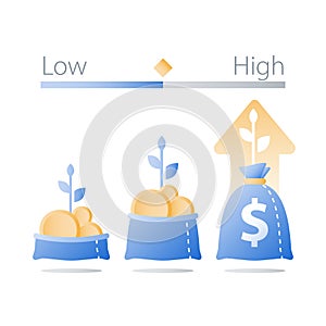 Open bag with gold coins and plant stem, fast finance growth, revenue increase, earn more money, invest fund, wealth management