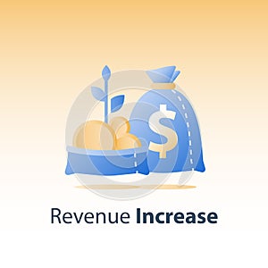 Open bag with gold coins and plant stem, fast finance growth, revenue increase, earn more money, invest fund, wealth management