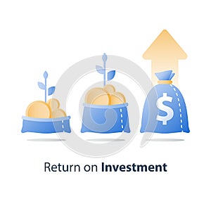 Open bag with gold coins and plant stem, fast finance growth, revenue increase, earn more money, invest fund, wealth management