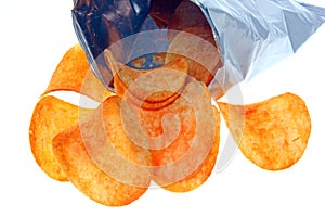 Open bag of potato chips on white background