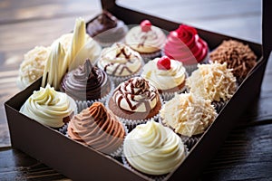 an open bakery box with a selection of cupcakes