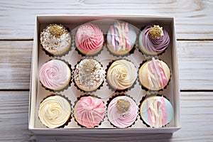 an open bakery box with a selection of cupcakes
