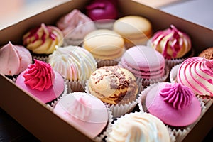 an open bakery box with a selection of cupcakes