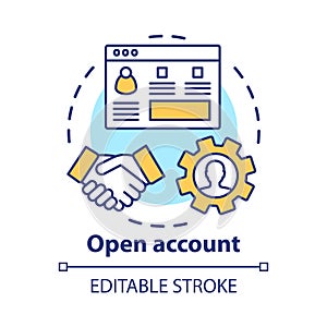Open bank account concept icon. Savings idea thin line illustration. Striking deal, signing agreement with banking