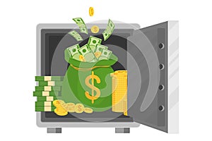 Open bank safe with money bag. Flat vector cartoon illustration