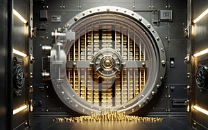 Open bank safe vault door with golden ingots peeking from inside