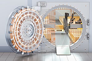 Open Bank Vault with golden ingots and forklift truck inside, 3D rendering