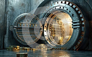 Open bank vault with golden walls and gold stacks