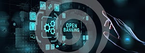 Open banking financial technology fintech concept on virtual screen.