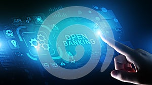 Open banking financial technology fintech concept on virtual screen.