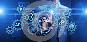 Open banking financial technology fintech concept on virtual screen.