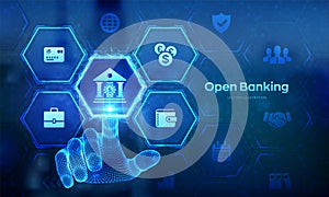 Open banking. Banking service. API financial technology. Fintech business concept on virtual screen. Wireframe hand touching