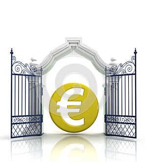 Open baroque gate with euro coin