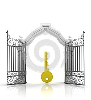 Open baroque gate with golden key