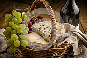 open basket with organic cheeses and grapes, wine bottle beside