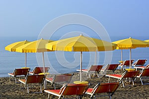 Open beach umbrellas and deckchairs still empty in the early morning