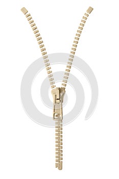 Open beige zipper pull concept unzip metaphor, isolated macro closeup detail, large detailed partially opened half zippered blank