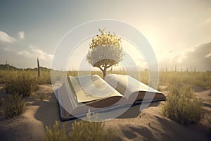 Open Bible book at field in sun light. Generate Ai