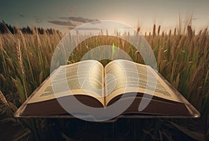 Open Bible book at field sunset view. Generate Ai