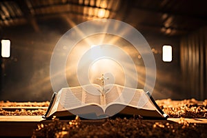 An open Bible and a cross on a wooden table in the sunlight