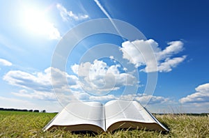 Open bible on green grass under blue sky