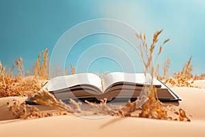 open bible laying on sand and with wheat. blue sky. opened book.