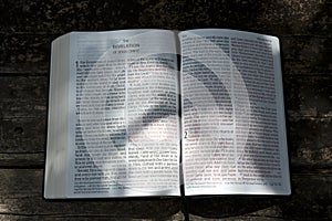 Open Bible in Revelation of Jesus Christ in chapters 1 and 2 with sunshine in the texts.