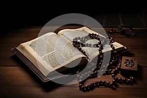 Open bible with rosary beads on wooden table. Generative AI