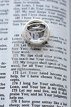 Open Bible with wedding rings