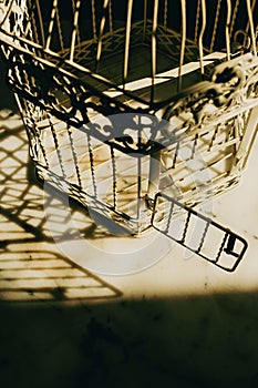 An open birdcage in a yellow sunlight standing on a vintage table