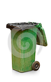 open black bag in the green bin and lid plastic on white background, object, clean, vintage, decor, keep, copy space